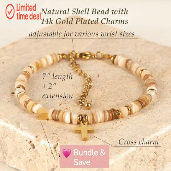 14k Gold Plated Shell Bead Bracelet with Cross Heart Charms Adjustable - Picture 3 of 7